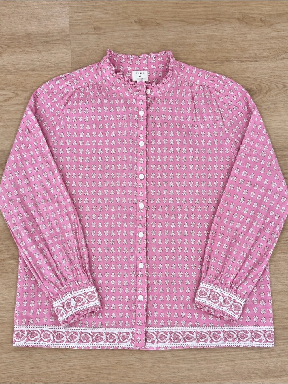 Marea by Liz Joy pink floral block print ruffle blouse size M